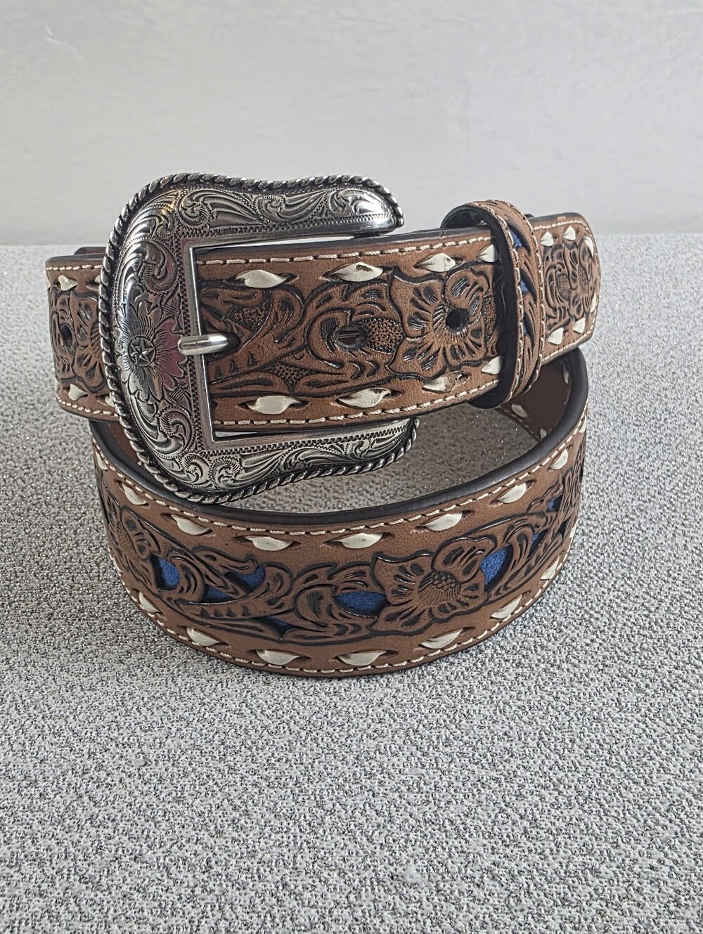 Nacona Belt Co. Tooled Tan Blue Leather Belt With Silver Western Buckle 29 In
